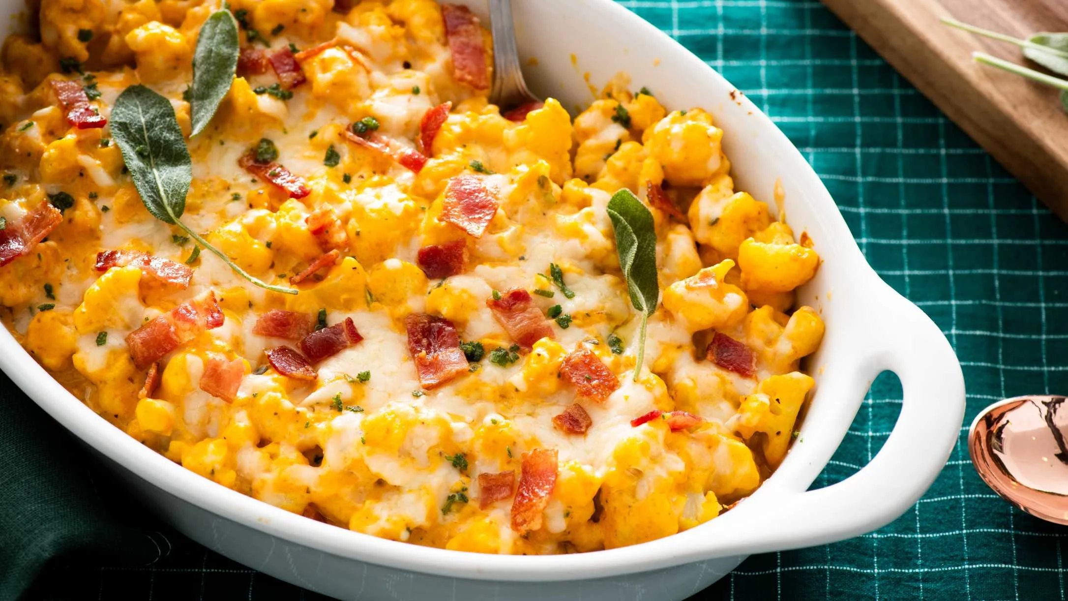 Cheesy cauliflower casserole in white baking dish topped with bacon bits and fresh sage leaves on teal tablecloth.